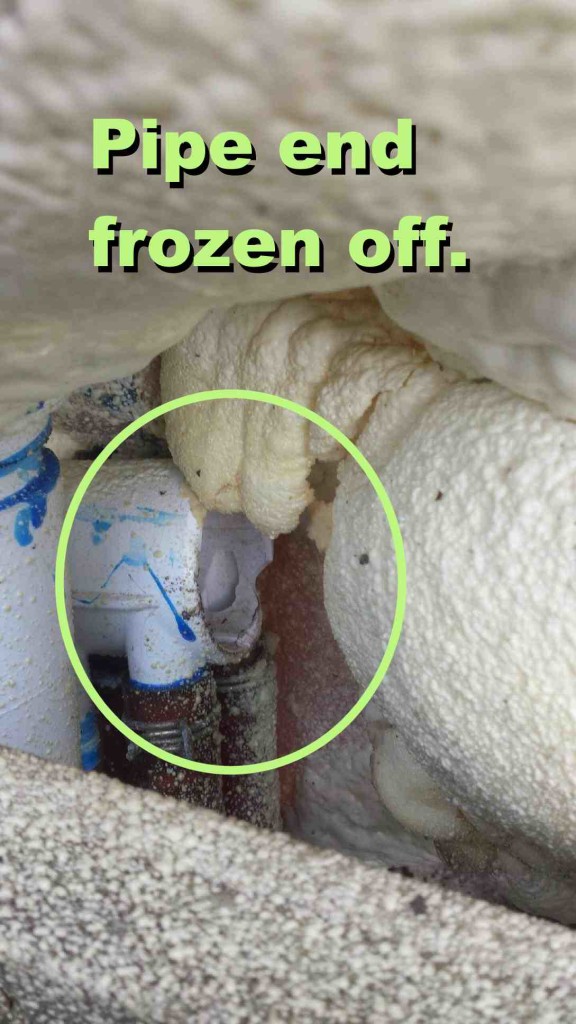 Six port dead-end manifold in hot tub, where dead end has been broken off by freeze.